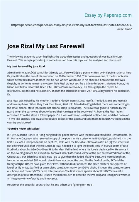 Jose Rizal My Last Farewell Analysis And Summary Essay Example