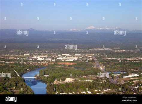 Aerial view of Redding California, including the Sundial Bridge and ...