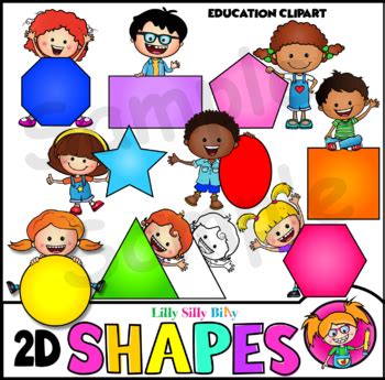 Kids with 2D Shapes - Clipart in Full color and Black/ white stamps.