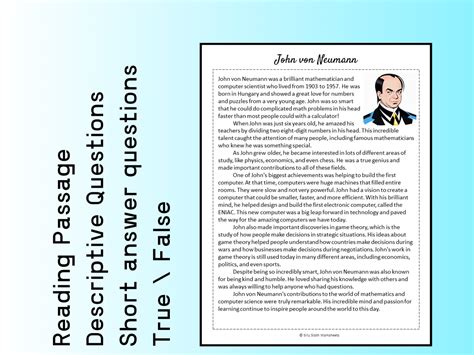 John von Neumann Biography Reading Comprehension Passage Printable ...