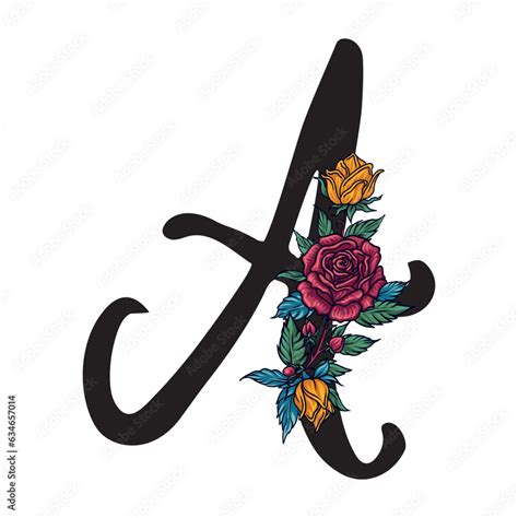 letter A handwritten font with roses, hand lettering with hand drawn ...