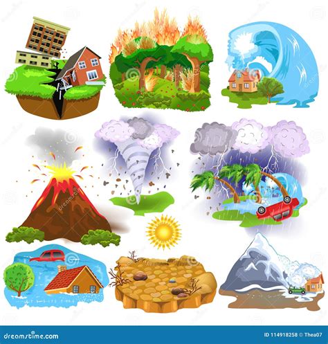 Natural Disasters Icons Like Earthquake, Tsunami, Hurricane, Avalanche ...