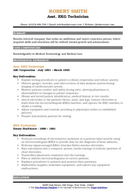 Ekg Technician Resume Samples | QwikResume