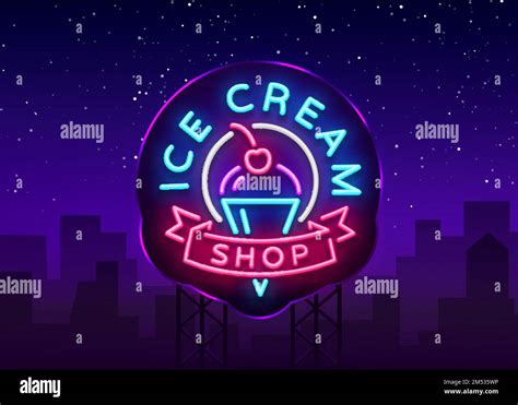 Ice cream shop neon sign. Ice cream shop logo in neon style, symbol, light banner, bright night ...