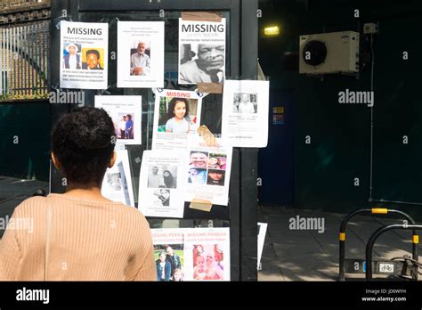 London, United Kingdom. 17th June 2017. Images of missing people posted ...