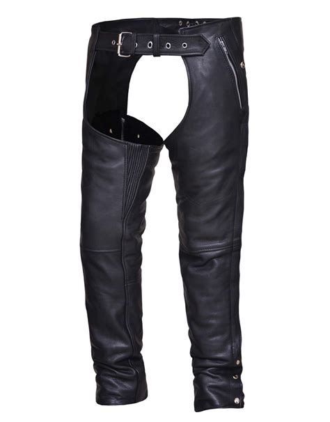 Unisex Ultra Black Leather Chaps w/ Inner Thigh Stretch Panel