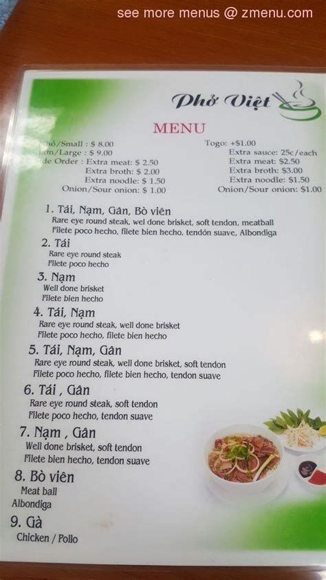 Menu at Phở Viet restaurant, Morningside, Allentown Rd