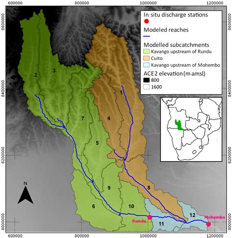 Base map for the Kavango River basin with location of in situ discharge... | Download Scientific ...