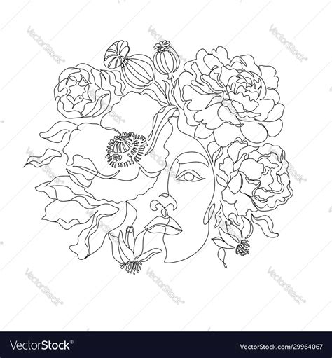 Woman line drawing line art flower head Royalty Free Vector