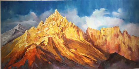 Custom Made Golden Mountain Landscape Oil Painting on Canvas - Handmade Oil Painting and Canvas ...