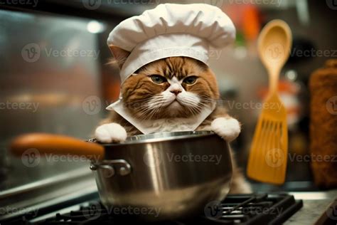 funny cat in a chef hat cooking food in the kitchen 22081114 Stock Photo at Vecteezy