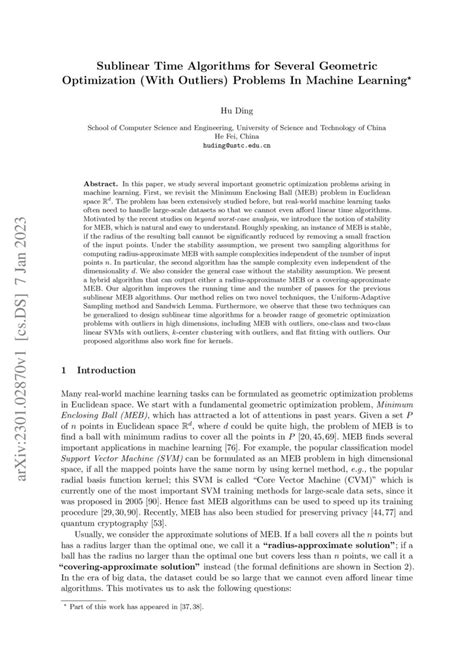 Sublinear Time Algorithms for Several Geometric Optimization (With Outliers) Problems In Machine ...