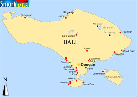 Detailed A4 printable map of Bali listing popular places, cities, tourist resort areas, temples ...