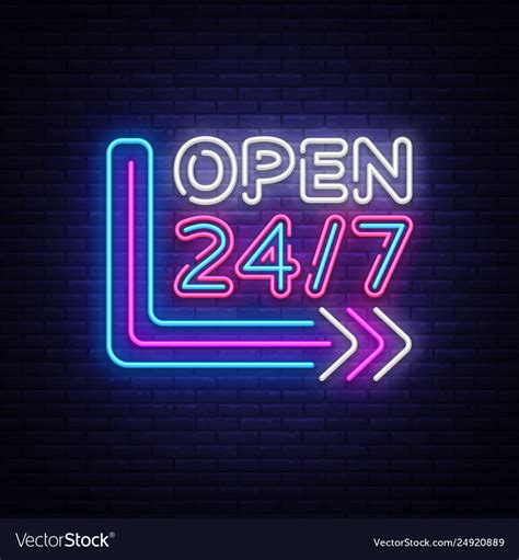 24 7 neon sinboard open all day sign Royalty Free Vector