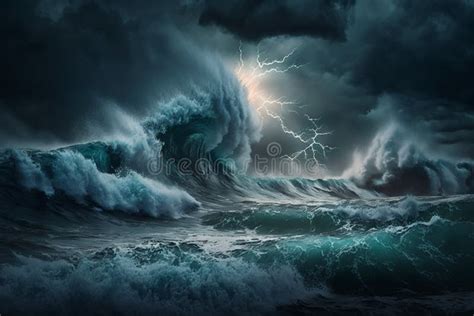 Storm Over the Ocean with Big Waves in a Dark Style, Raging Sea ...