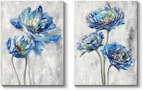 Blue Flower Paintings On Canvas - kanariyareon