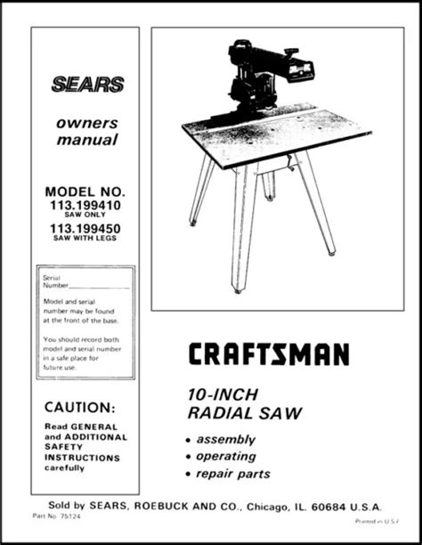 SEARS CRAFTSMAN Radial Arm Saw Manual No.113.199450 $12.50 - PicClick