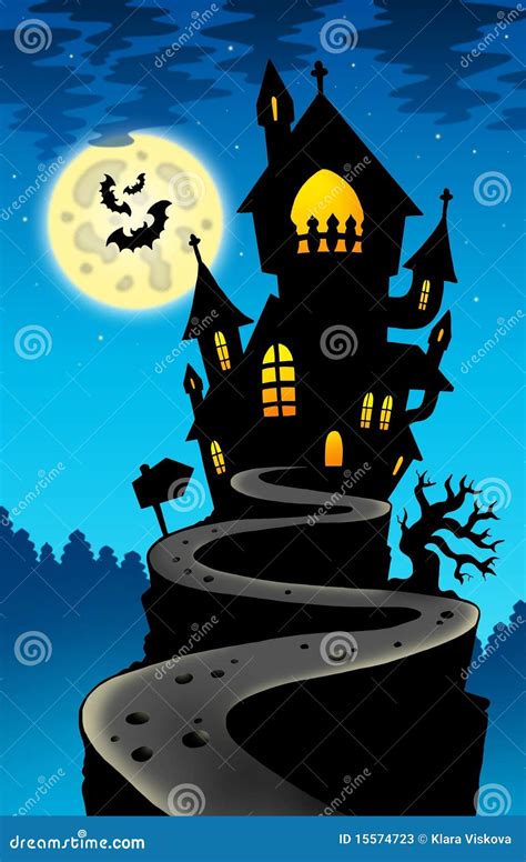 Haunted House on Hill with Moon Stock Illustration - Illustration of ...