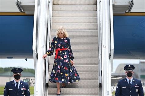 Jill Biden Steps Out In Pretty Floral Blue Dress During Trip To Georgia ...