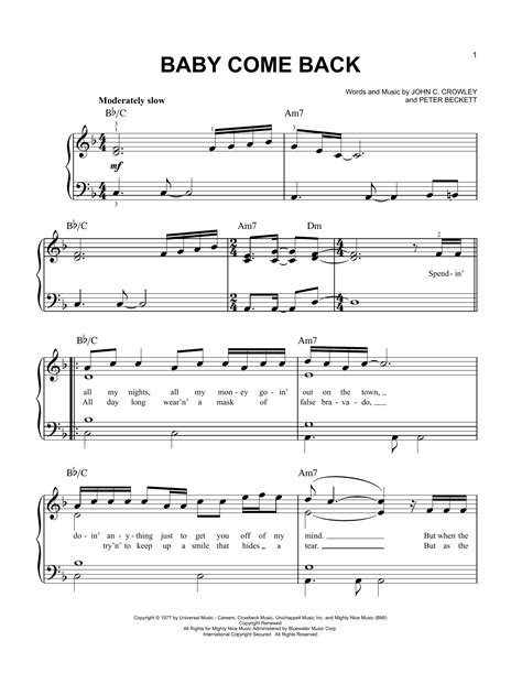 Baby Come Back (Easy Piano) - Print Sheet Music Now