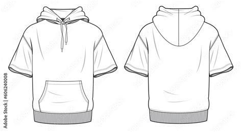 Half sleeve hoodie front and back view flat drawing vector illustration ...