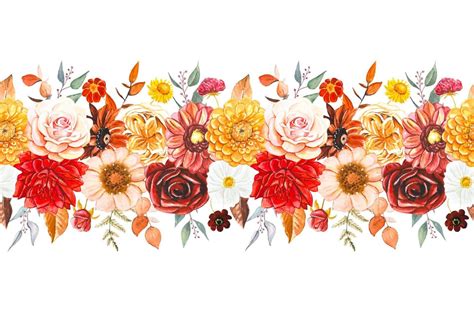 Seamless border with autumn flowers and leaves, watercolor 12773809 Vector Art at Vecteezy