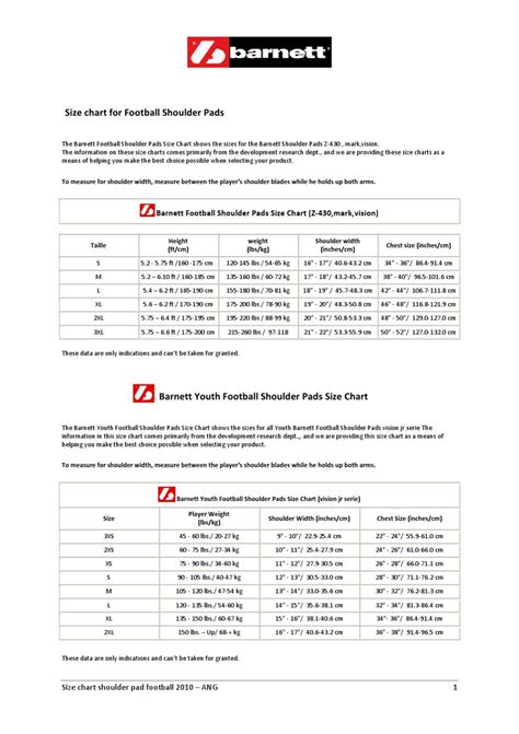 Size chart shoulder pad football by barnett - Issuu