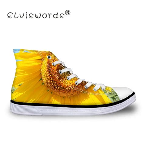 ELVISWORDS Spring Women Vulcanize Shoes Sunflower Printed Sneakers Female High Top Canvas Shoes ...