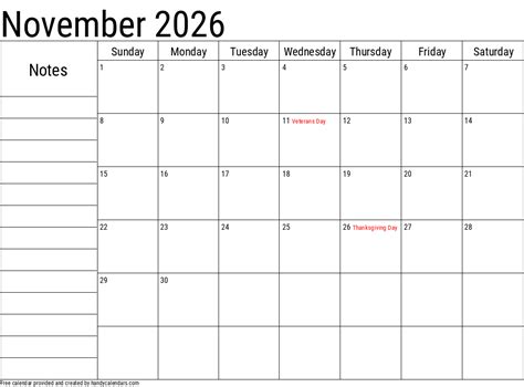 November 2026 Calendar With Notes And Holidays - Handy Calendars