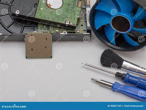 Computer Assembly Details and Tools on a White Background Stock Image - Image of electrical ...