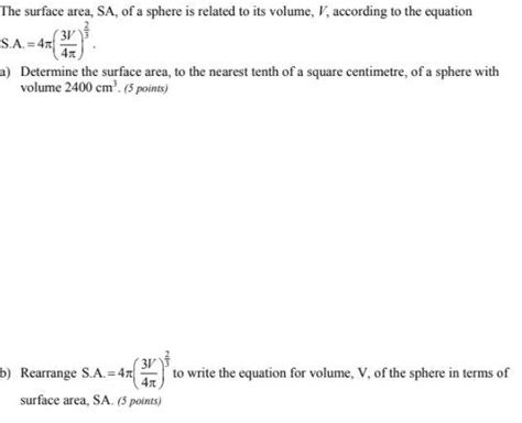 Solved The surface area, SA, of a sphere is related to its | Chegg.com