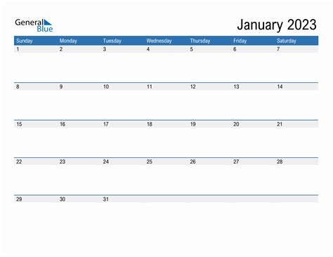 January 2023 Monthly Calendar (PDF, Word, Excel)