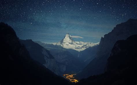 mountain, Sky, Stars, Lights, Valley, Snow, Landscape, Switzerland, Matterhorn, Clouds, Nature ...