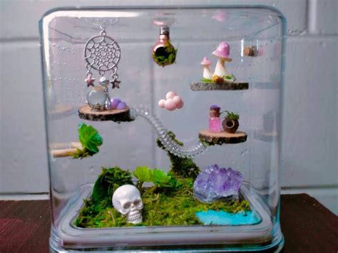 a glass case filled with lots of different items on top of a wooden table next to a wall