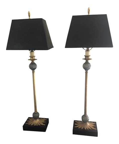 Brass and Pewter Tall Buffet Lamps With Shades and Finials - a Pair | Chairish | Lamp, Buffet ...