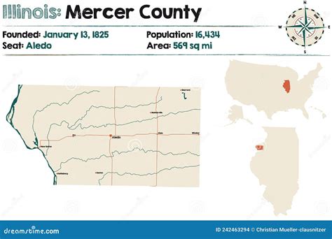 Map of Mercer County in Illinois Stock Vector - Illustration of lakes ...