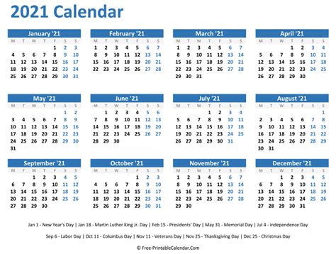 2021 Yearly Calendar in Excel, PDF and Word