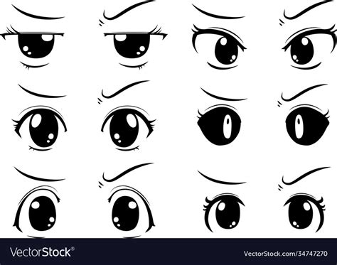 Cute anime-style big black eyes with a suspicious Vector Image