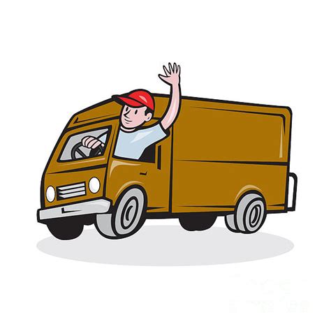 Delivery Man Waving Driving Van Cartoon Greeting Card for Sale by Aloysius Patrimonio