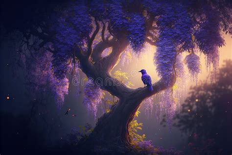 Wisteria Tree of Life with a Bird on a Branch. Dreamy Landscape Stock Illustration ...