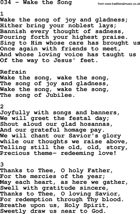 Adventist Hymnal, Song: 034-Wake The Song, with Lyrics, PPT, Midi, MP3 and PDF