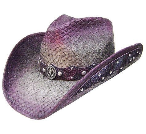 Straw Cowboy Hat Leather-Like Appliques Purple - CS182E3LUSW | Cowboy ...