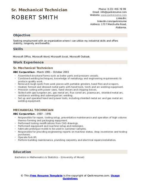 Mechanical Technician Resume Samples | QwikResume