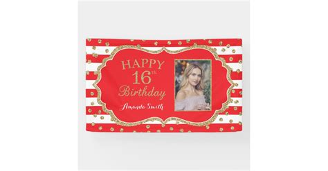 Happy 16th Birthday Banner Red Gold Glitter Photo | Zazzle