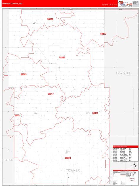 Towner County, ND Zip Code Wall Map Red Line Style by MarketMAPS