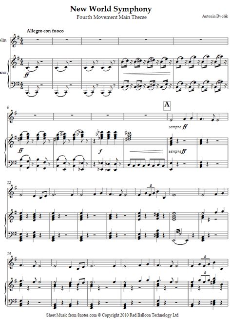 ﻿Dvořák - New World Symphony - 4th Movement Main Theme sheet music for Violin - 8notes.com