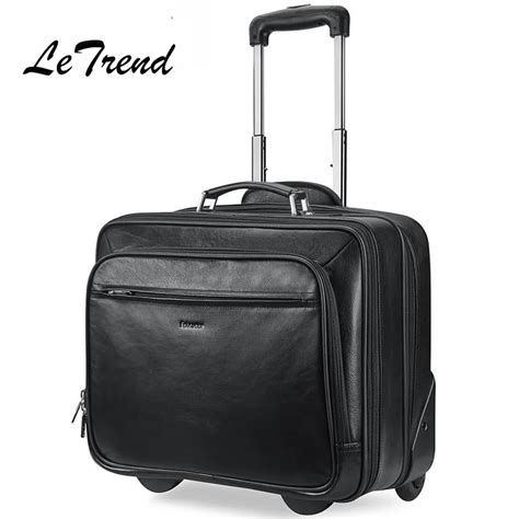 Letrend Luxury Cow Leather Rolling Luggage Genuine Leather Trolley Multifunction Cabin Suitcases ...