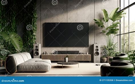 Plants, TV and Concrete Wall in Living Room, Vertical Garden in Luxury ...