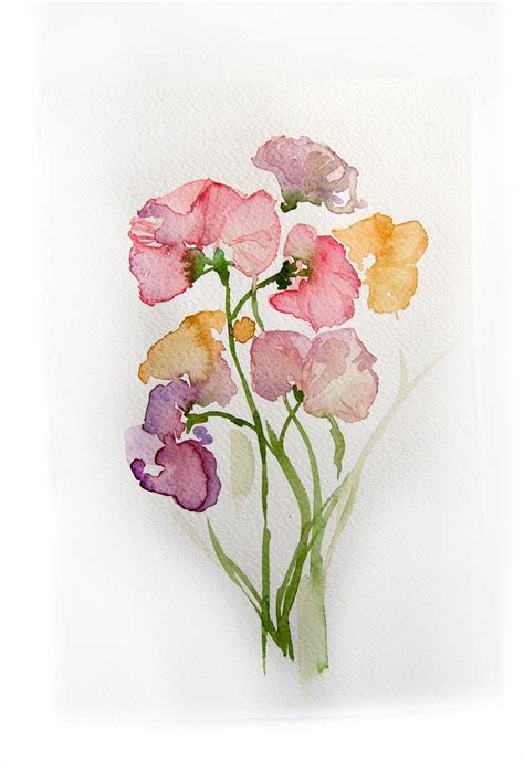 watercolor painting of pink and yellow flowers on white paper with green stems in the foreground