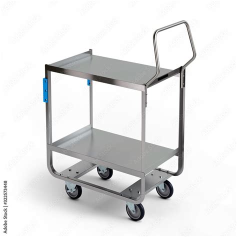 Two Shelf stainless steel heavy-duty utility wheeled cart, isolated over white background, 3D ...